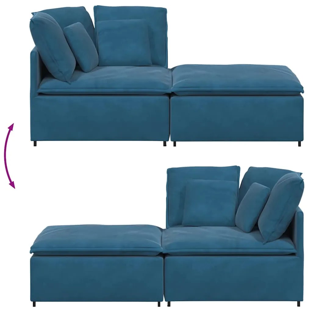 Sofá modular com pufes e almofadas veludo azul
