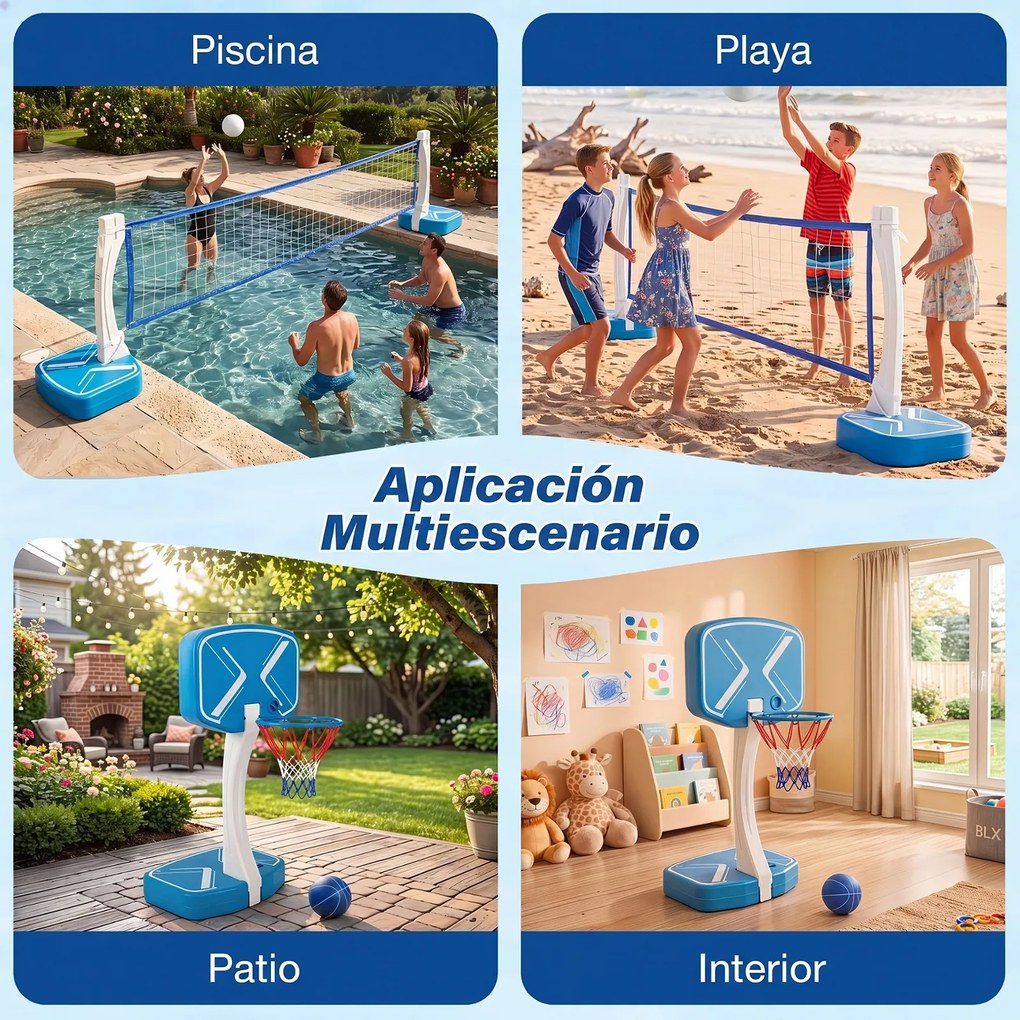 Conjunto de Basquetebol e Voleibol para Piscina, 60 x 46 x 131,5 cm, Base Enchível, Azul+Branco