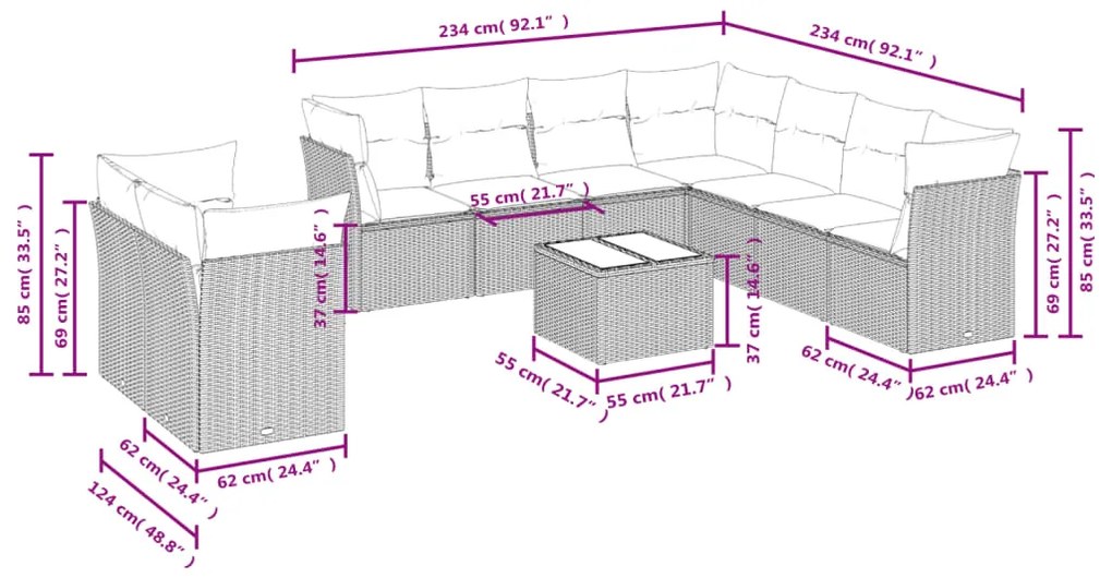 10 pcs conjunto de sofás p/ jardim com almofadões vime PE bege