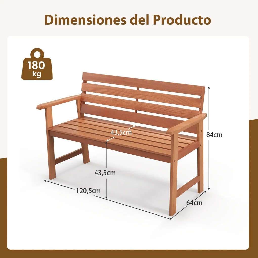 Banco de madeira jardim de 2 lugares com assento de ripas respirável e encosto inclinado ergonómico para pátio e varanda 120,5 x 64 x 84 cm Natural