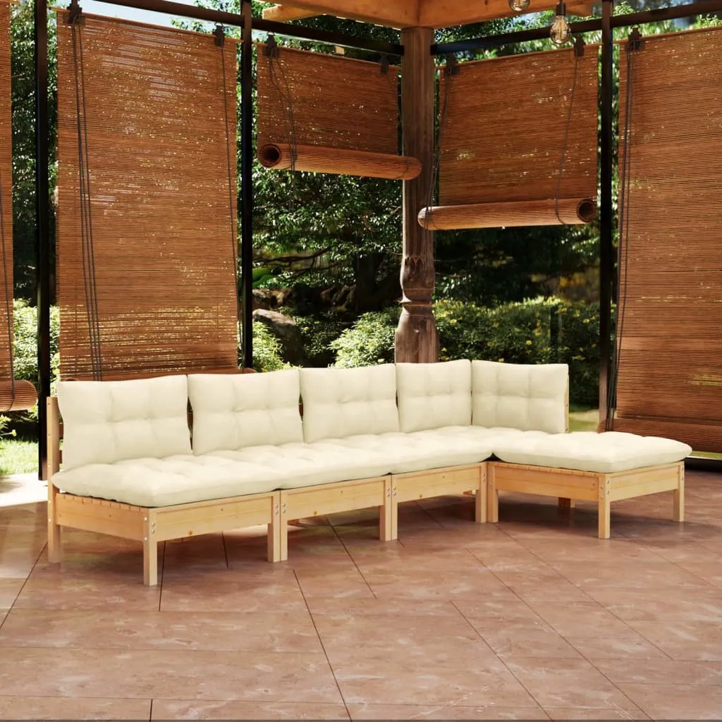 vidaXL 5 pcs conjunto lounge jardim c/ almofadões cor creme pinho