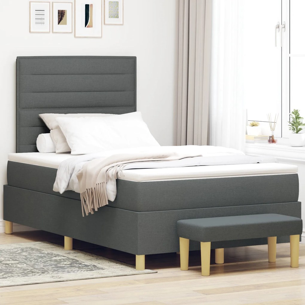 Cama com Molas com Colchão e Banco Cinza Escuro 120x190 cm Tecido