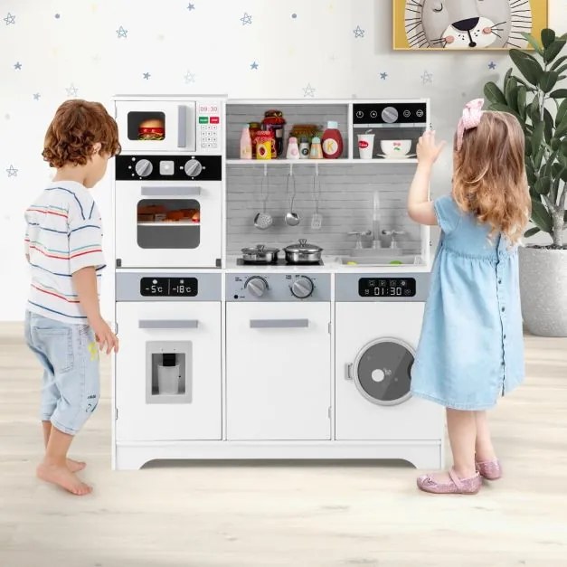 Cozinha de brincar para crianças em madeira com lava-loiça, torneira, dispensador de água, forno micro-ondas, máquina de lavar roupa, luzes e sons Bra