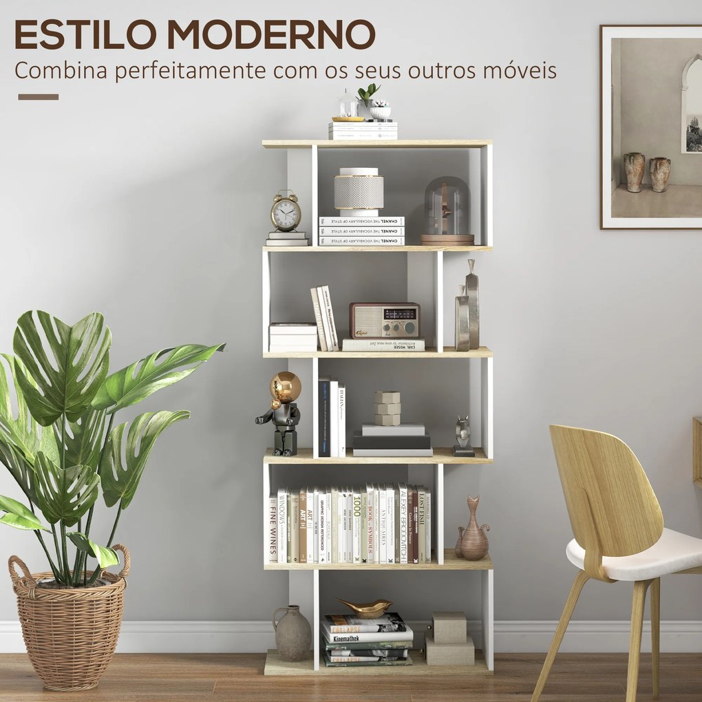 Estante para Livros Estilo Nórdico Estante com 5 Prateleiras Anti-Tombo Carga 25 kg 70x29,5x163 cm Branco e Madeira