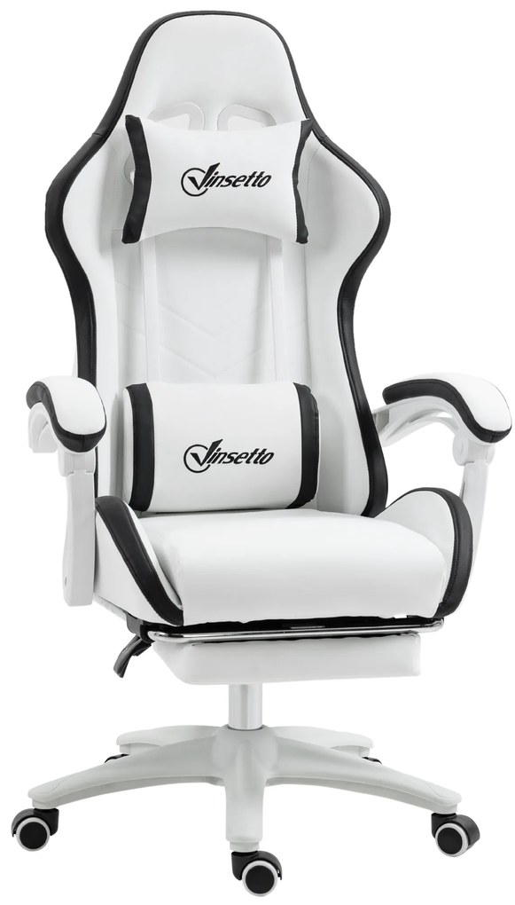 Vinsetto Cadeira Gaming de Couro PU com Altura Ajustável Reclinável 135° e Apoio para os Pés Retrátil 65x65x121-129 cm Branco e Preto