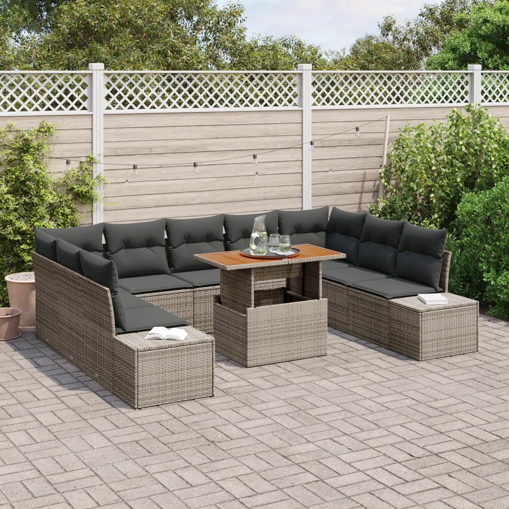 Conjunto de Sofá de Jardim de 10 Peças com Almofadas Cinza Rattan Poli