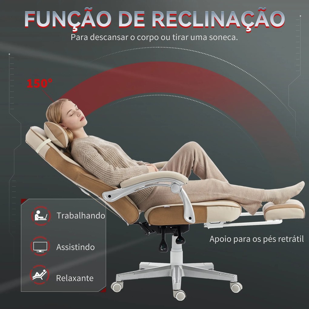 Cadeira Gamer Reclinável com Altura Ajustável Apoio para Pés Retrátil Suporte Lombar e Almofada de Cabeça Removível Creme