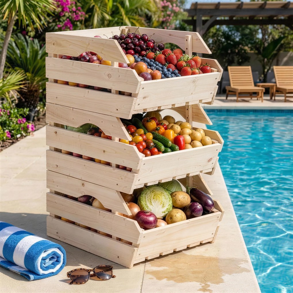 Suporte para cesto de frutas em madeira de abeto com 3 andares removíveis 27 x 37,5 x 60 cm, para frutas e legumes, natural