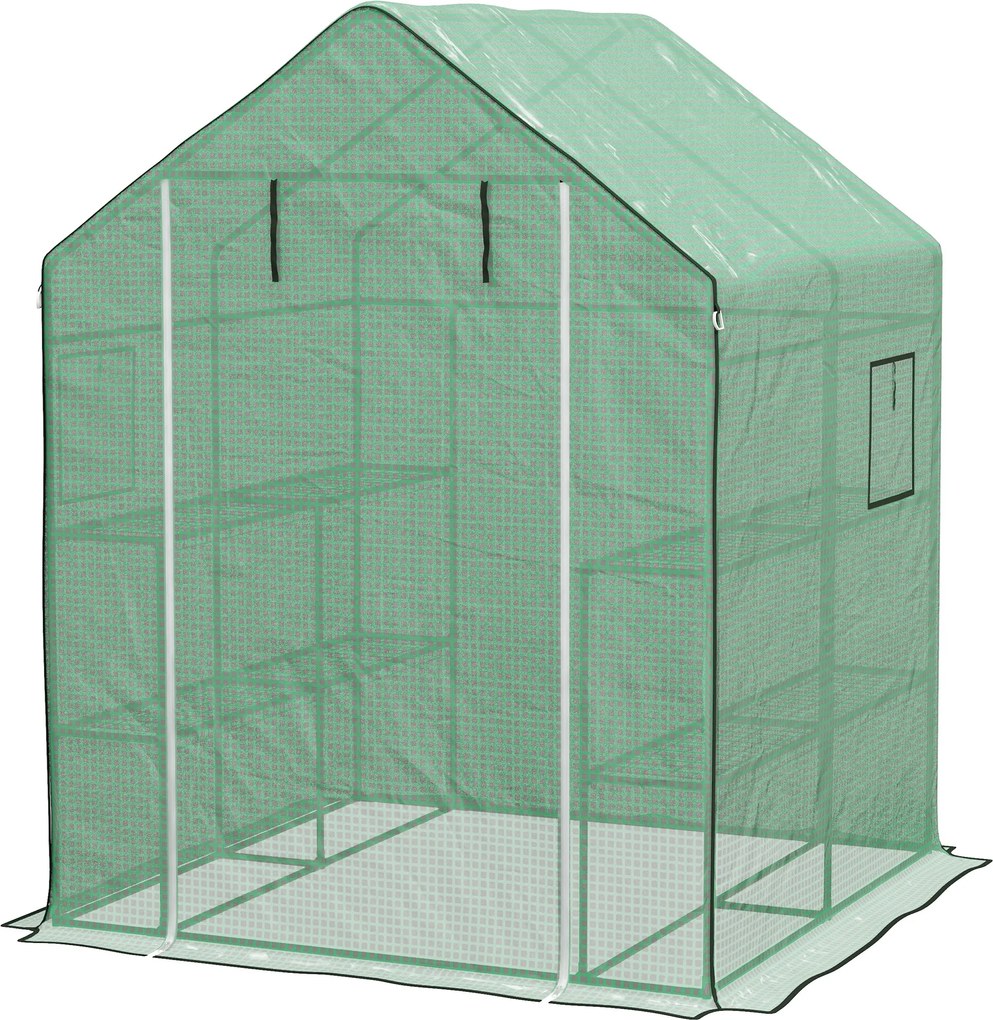 Estufa de jardim 140 x 143 x 190 cm com 1 porta, 1 janela e prateleiras de 3 níveis para legumes, plantas e flores; cobertura em PE Verde
