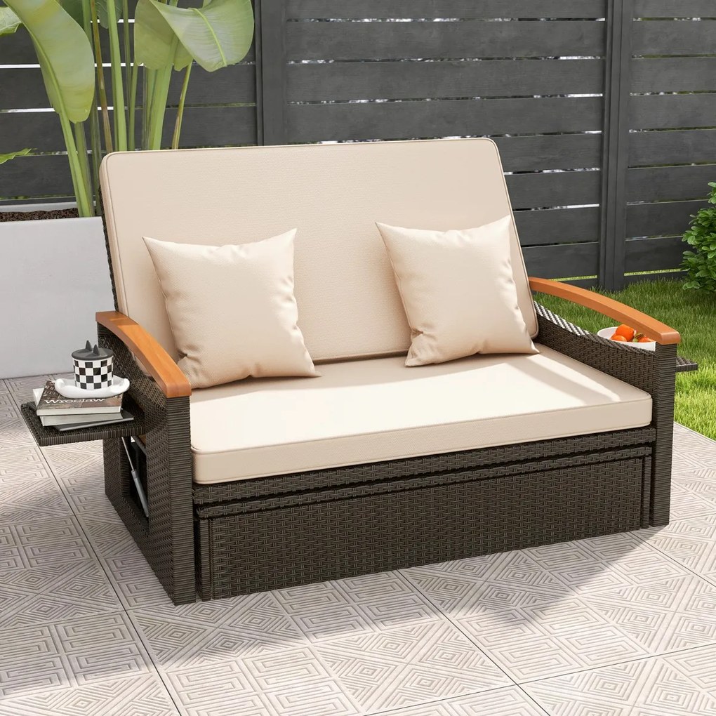 Sofá-cama de rattan para exterior com apoio para os pés com arrumação Encosto ajustável em 4 níveis e tabuleiros laterais retrácteis mistura de castan