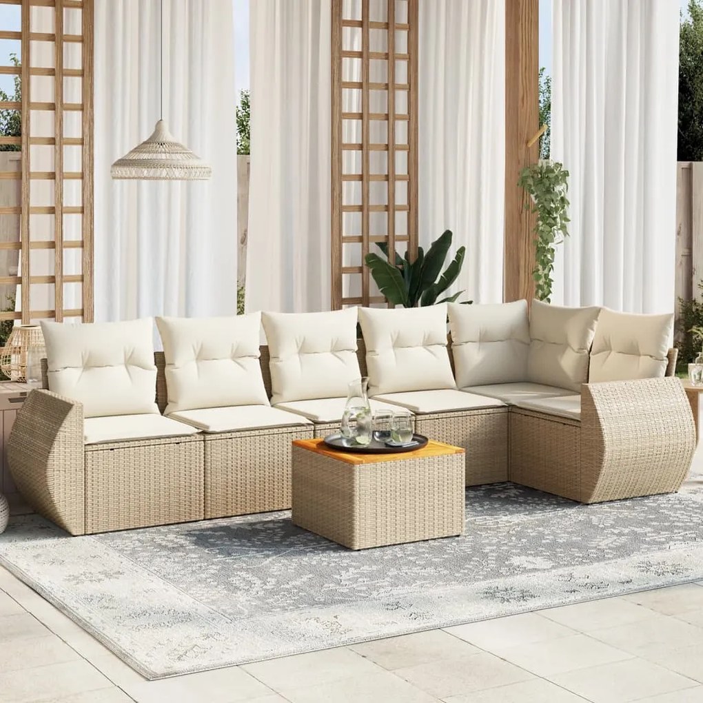 7 pcs conjunto de sofás p/ jardim com almofadões vime PE bege