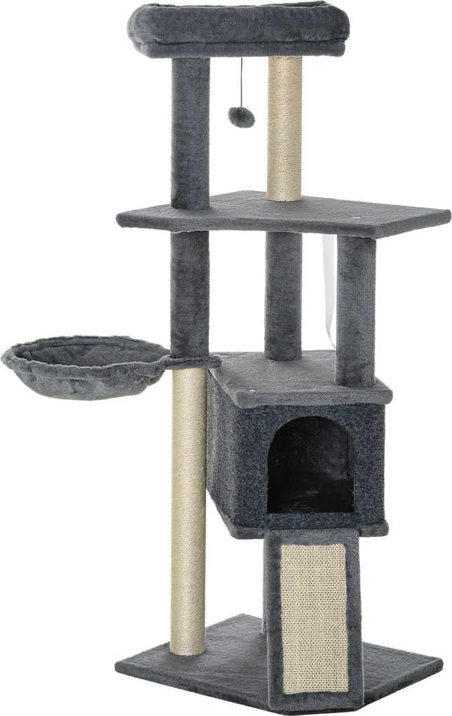 PawHut Arranhador para Gatos 127 cm com Caverna Rede Cama Plataformas Rampa de Sisal Bola Pendurada Cinza | Aosom Portugal