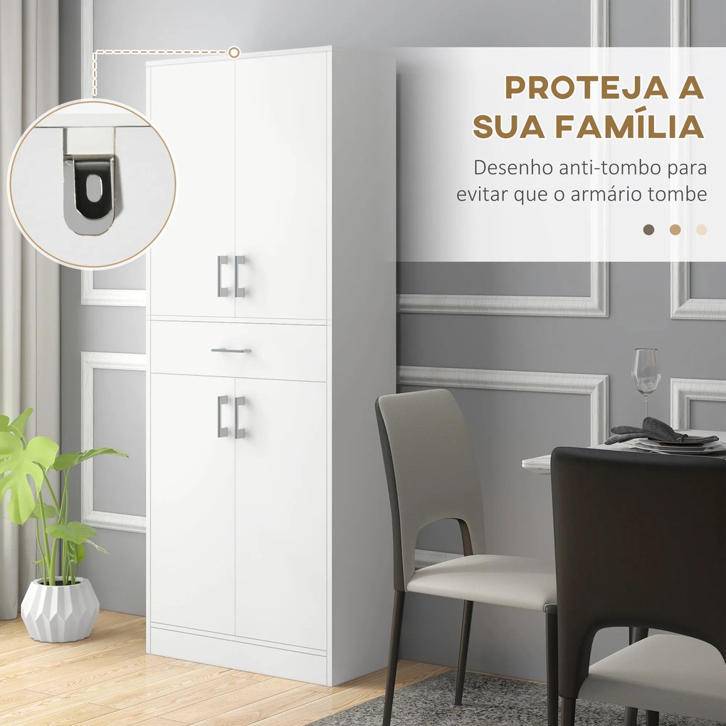 HOMCOM Armário de Cozinha Móvel de Cozinha com 4 Portas 1 Gaveta e Prateleiras Ajustáveis Anti-Tombo Armário de Cozinha Moderno para Sala de Jantar Sala de Estar 70,8x34x180 cm Branco