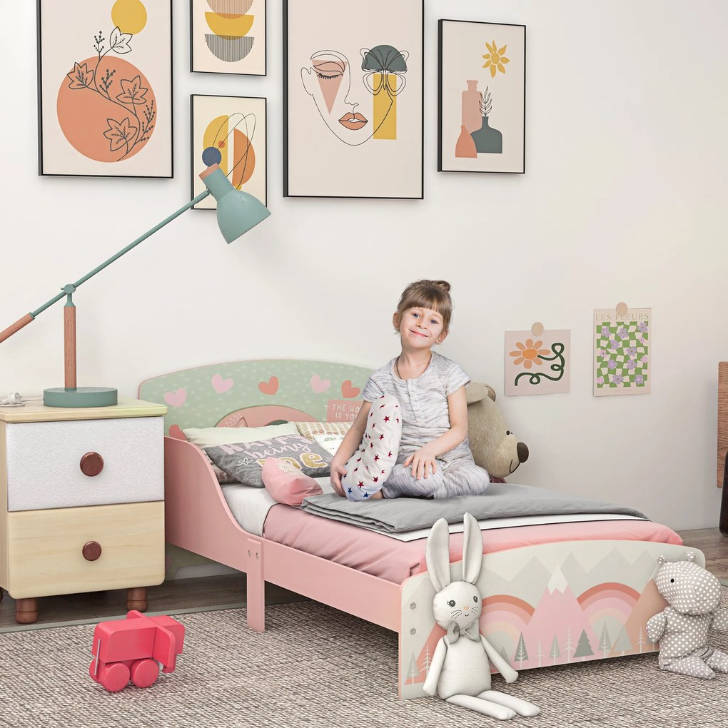 Cama para Crianças de Madeira (COLCHÃO NÃO INCLUIDO) com Barreira de Proteção e Estampados Carga Máx. 40 kg 143x77x60 cm Rosa
