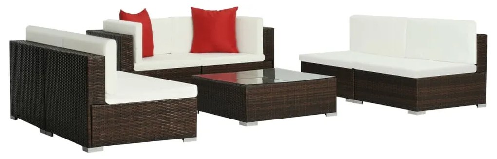 7 pcs conjunto lounge jardim c/ almofadões vime PE castanho