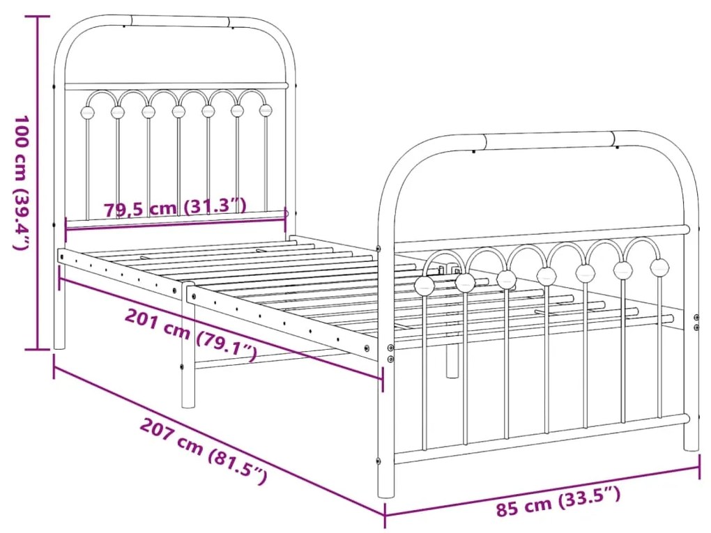 Estrutura de cama com cabeceira e pés 80x200 cm metal preto