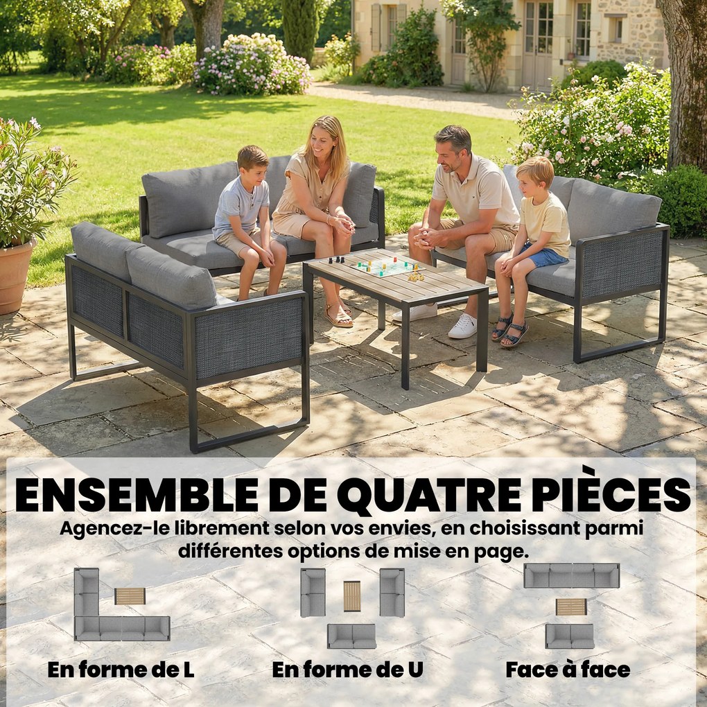 Conjunto de jardim modular de canto para 6 pessoas, sofás, mesa de centro e almofadas, cinzento escuro