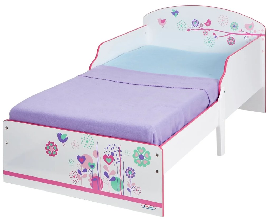 Cama infantil, desenhos Pássaros de madeira + Colchão e almofada 140 x 70 cm ROSA