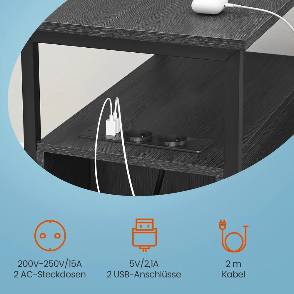 Mesa de cabeçeira com extensão elétrica, 2 gavetas 60 x 30 x 61 cm antracite-preto
