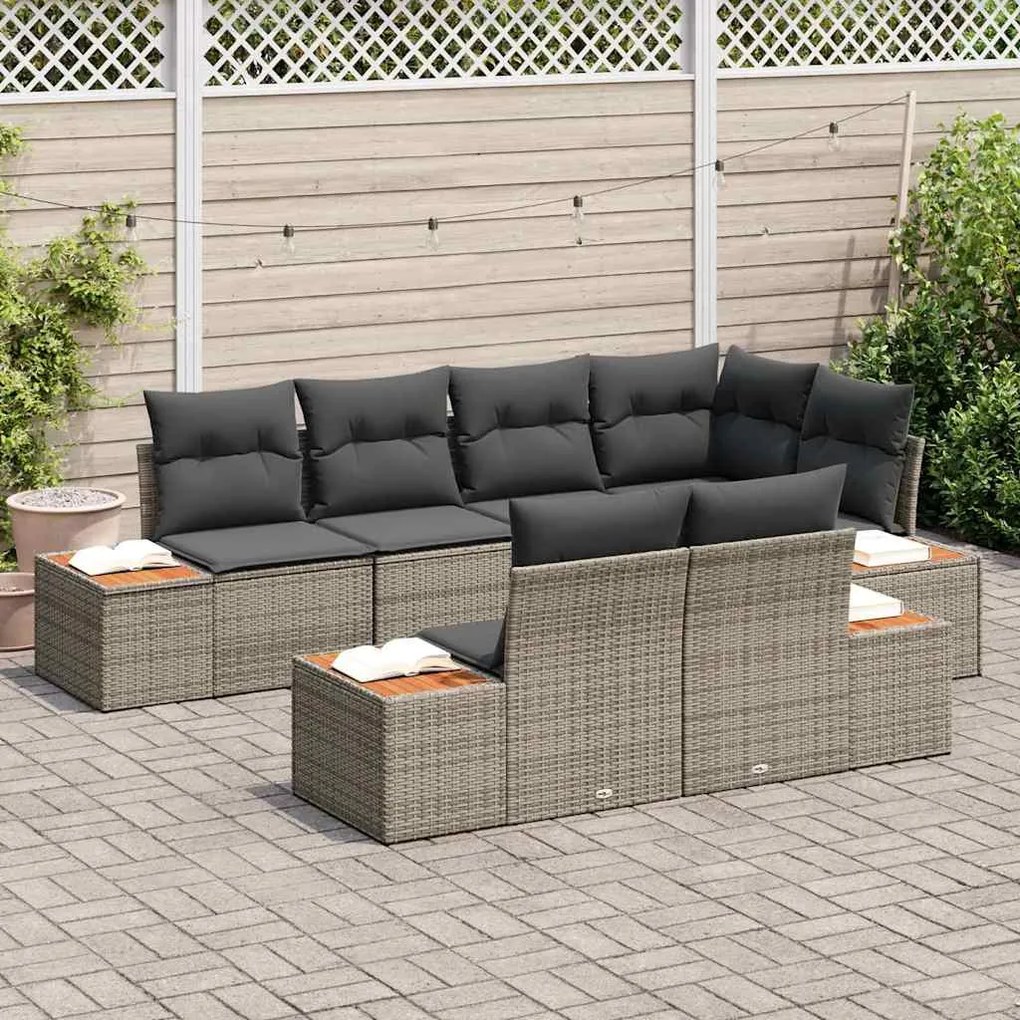 Conjunto de Sofá Jardim 7 Peças com Almofadas Rattan Cinza de Acácia