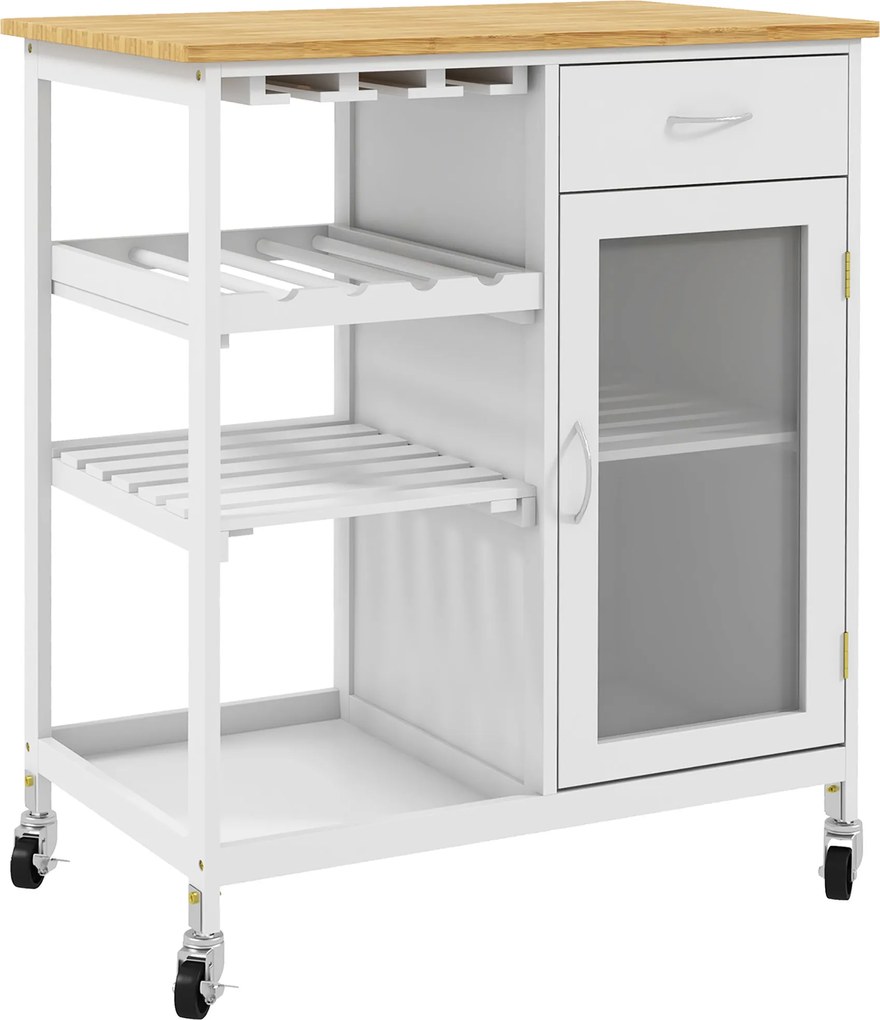 HOMCOM Carrinho de Cozinha com Rodízios Multi-Arrumação Armário com Porta Compartimento para Vinho Prateleiras Gaveta Branco | Aosom Portugal