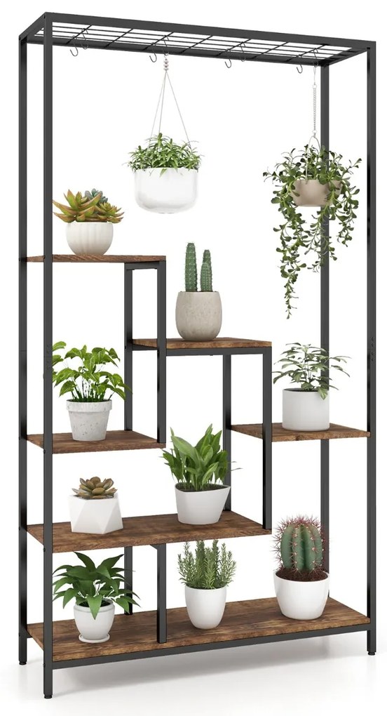 Suporte para plantas alto de 6 níveis Suporte para plantas de 6 níveis Estante de 180 cm com 10 ganchos para pendurar e prateleira de arame para varan