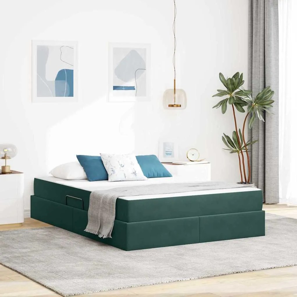 vidaXL Cama com arrumação e colchão Verde Escuro 140 x 200 cm Veludo