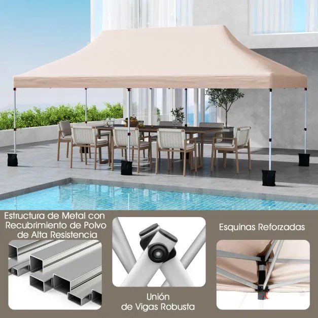 Tenda festas, eventos de 3 x 6 m com pesos e bolsa de transporte dobrável com altura ajustável de jardim bege