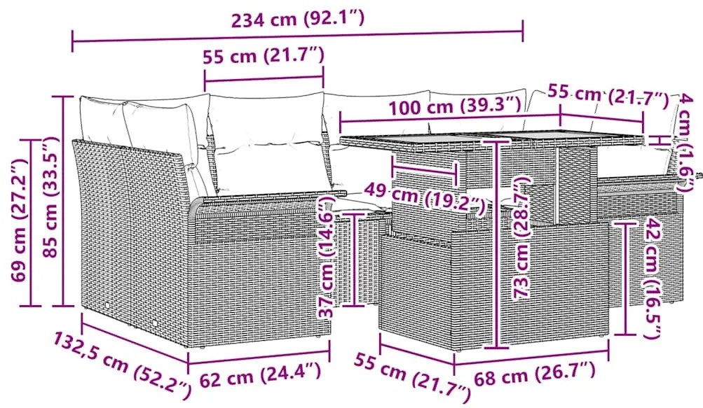 Conjunto de sofá de jardim de 7 peças com almofadas pretas em rattan