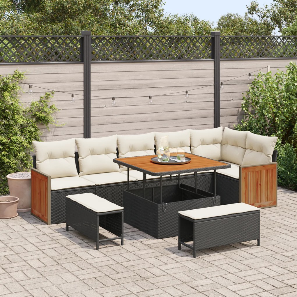 Conjunto de Sofás de Jardim vidaXL com Almofadas Preto Rattan Polimérico Acácia