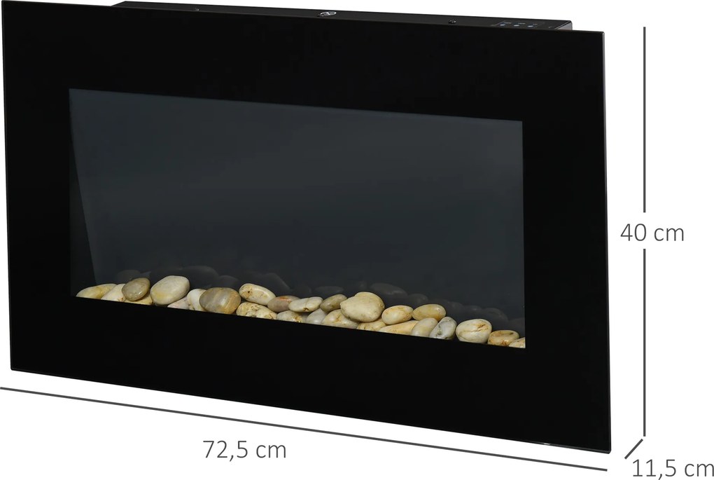 Lareira elétrica de parede 1000/2000 W 72,5 x 11,5 x 40 cm, lareira decorativa com efeito de chama em 7 cores ajustáveis, , preta