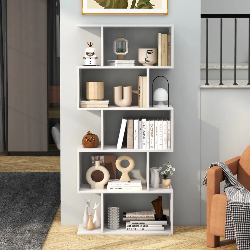 Estante de 5 níveis em forma de S com dispositivo anti-queda Divisória de sala 70 x 23,5 x 158 cm Branca