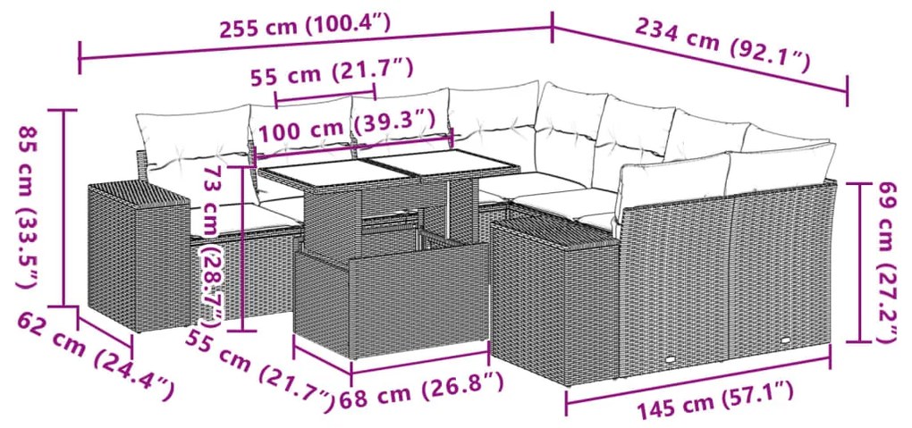 9 pcs conj. sofás jardim com almofadões vime PE cinzento-claro