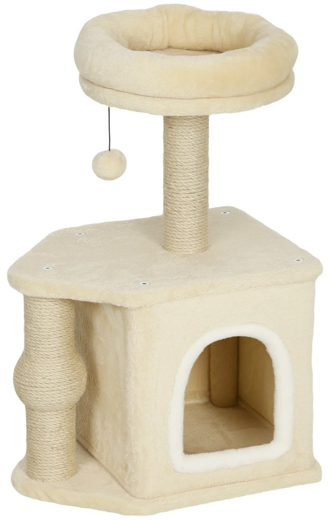 PawHut Arranhador para Gatos com Cama Caverna Plataforma Bola Suspensa e Poste de Juta 42x30x66 cm Marrom e Bege