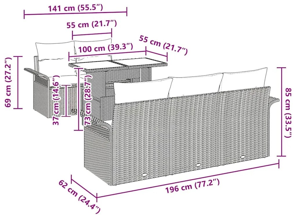 Conjunto de Sofá de Jardim com 6 Peças e Almofadas Pretas em Rattan Si