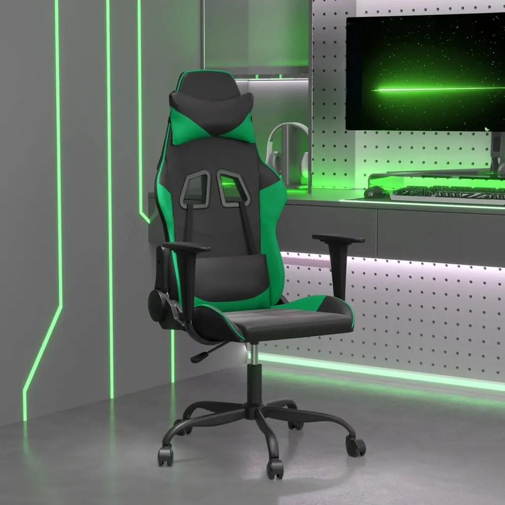 vidaXL Cadeira gaming massagens couro artificial preto e verde