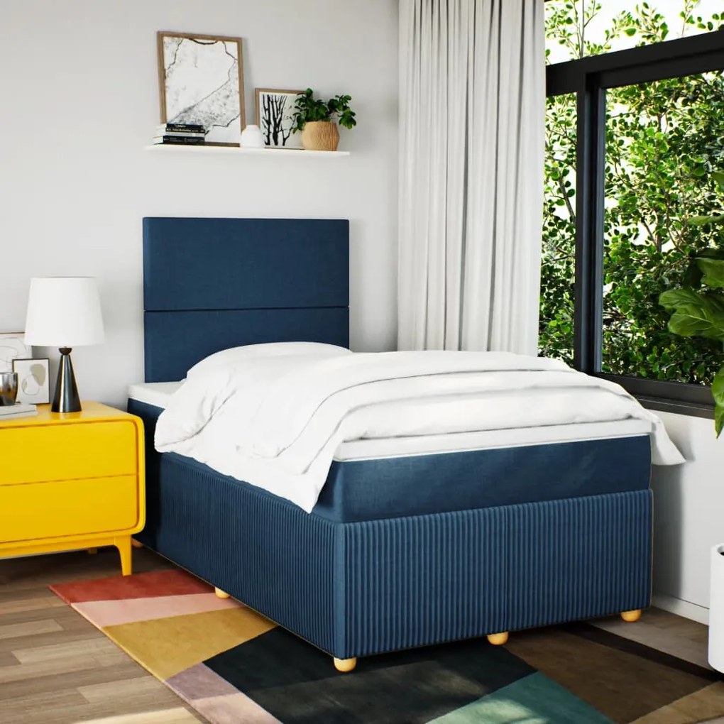 Cama boxspring com colchão 120x190 cm tecido azul