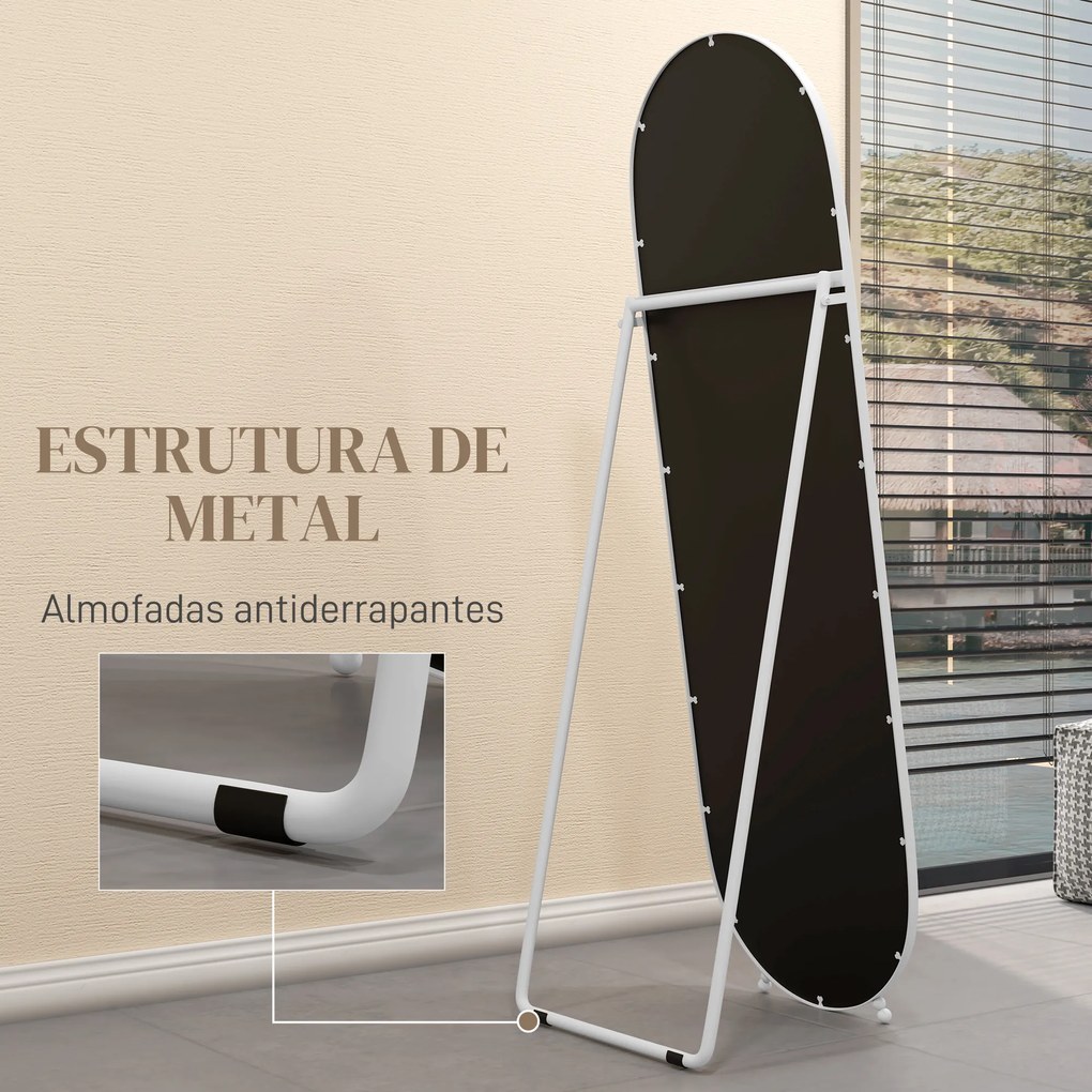 Espelho de Pé Oval 160x40 cm Espelho de Corpo Inteiro com Moldura Metálica Suporte e 2 Formas de Utilização Branco