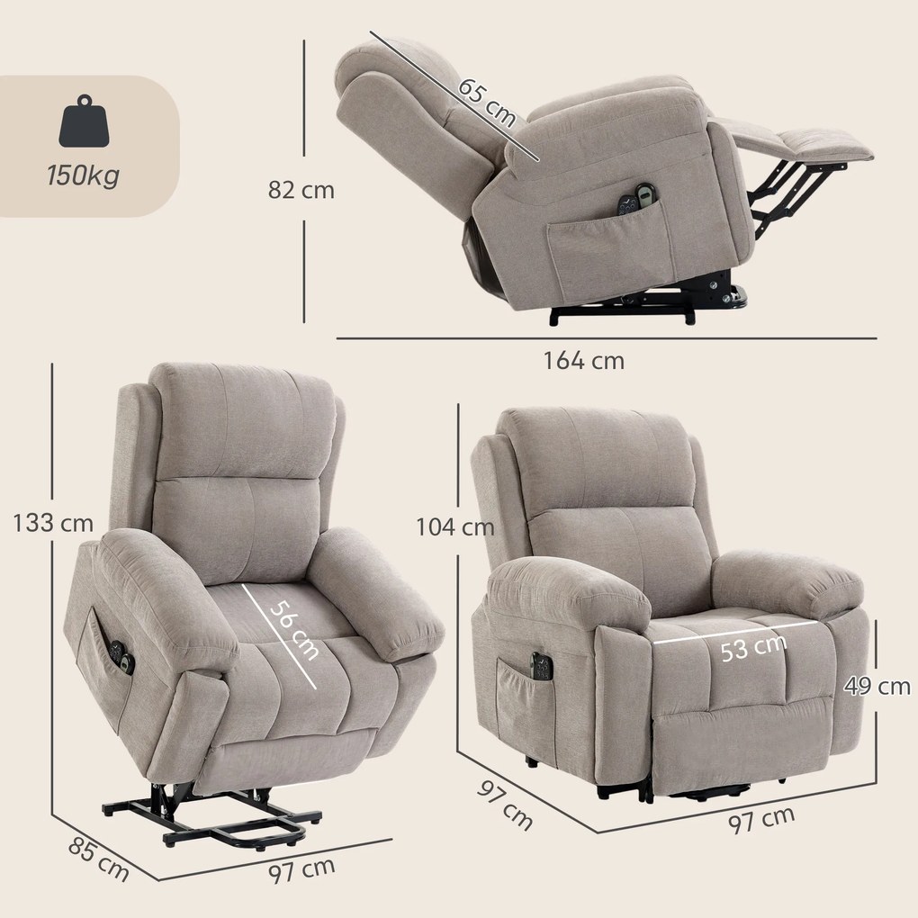 Poltrona Relax Elétrico Elevatório com Massagem Vibratória Aquecimento Molas Ensacadas Comando Porta-Copos e Bolsos Bege