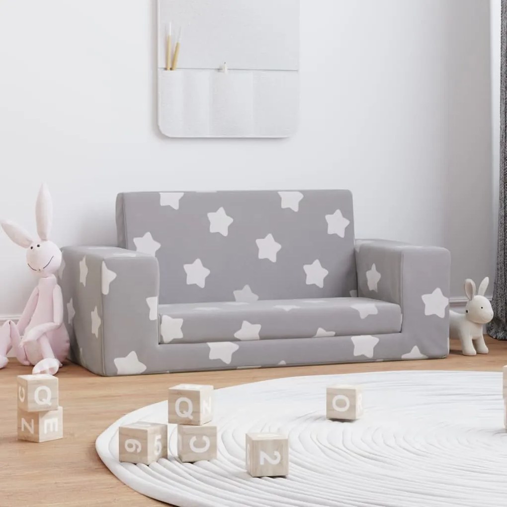 341827 vidaXL Sofá-cama infantil 2 lugares c/ estrelas pelúcia cinzento-claro