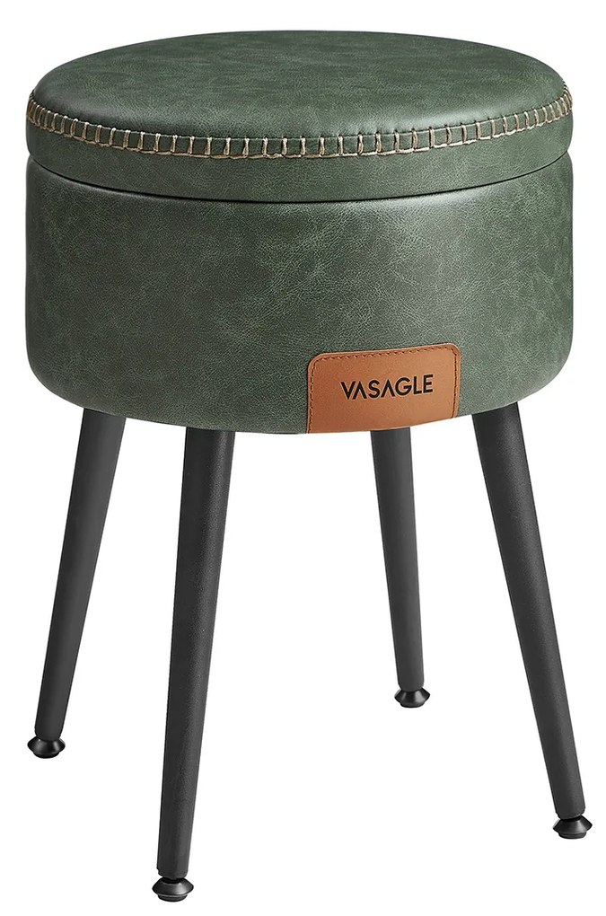 Coleção VASAGLE EKHO - Pufe com armazenamento, banqueta para penteadeira, PU com costura, estilo moderno de meados do século, banqueta redonda com armazenamento e pernas de aço, capacidade 150 kg, verde floresta LOM005C01