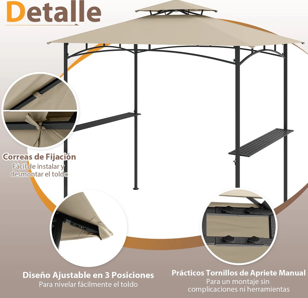 Tenda para churrasco 242 x 150 cm (GRELHADOR NÂO INCLUIDO) com teto duplo, 2 prateleiras, 6 ganchos e Estrutura metálica Bege