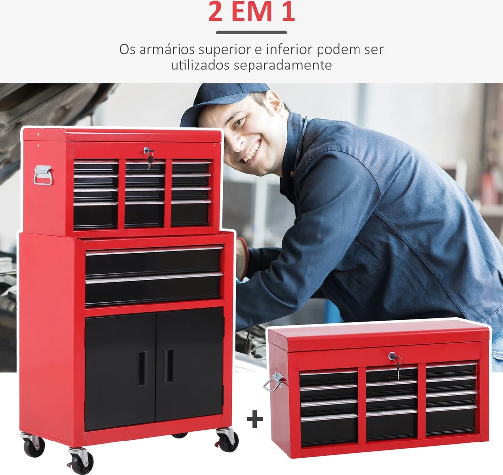 Carrinho de Ferramentas com Baú Superior 6 Gavetas Armário Fechadura e 4 Ganchos para Garagem 61,6x33x108 cm Vermelho