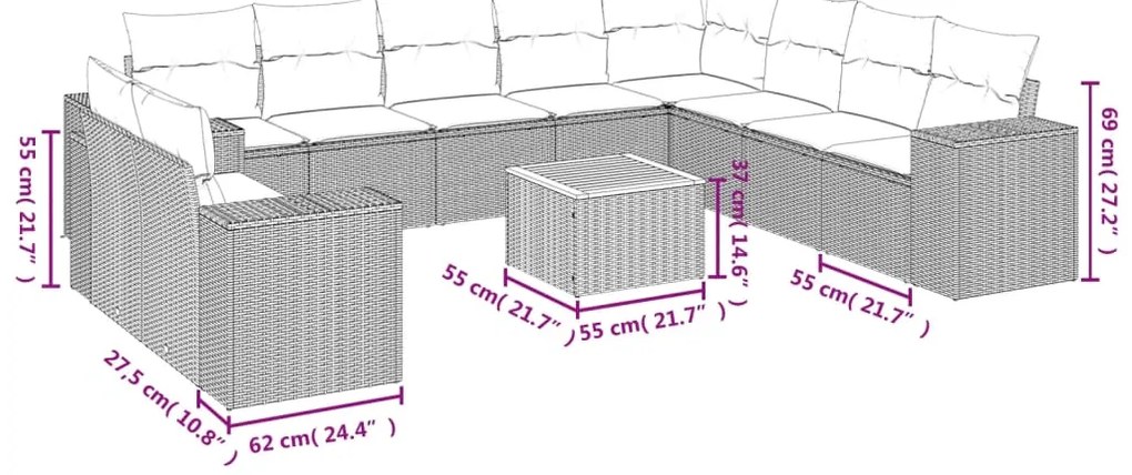 11 pcs conjunto sofás de jardim c/ almofadões vime PE cinzento