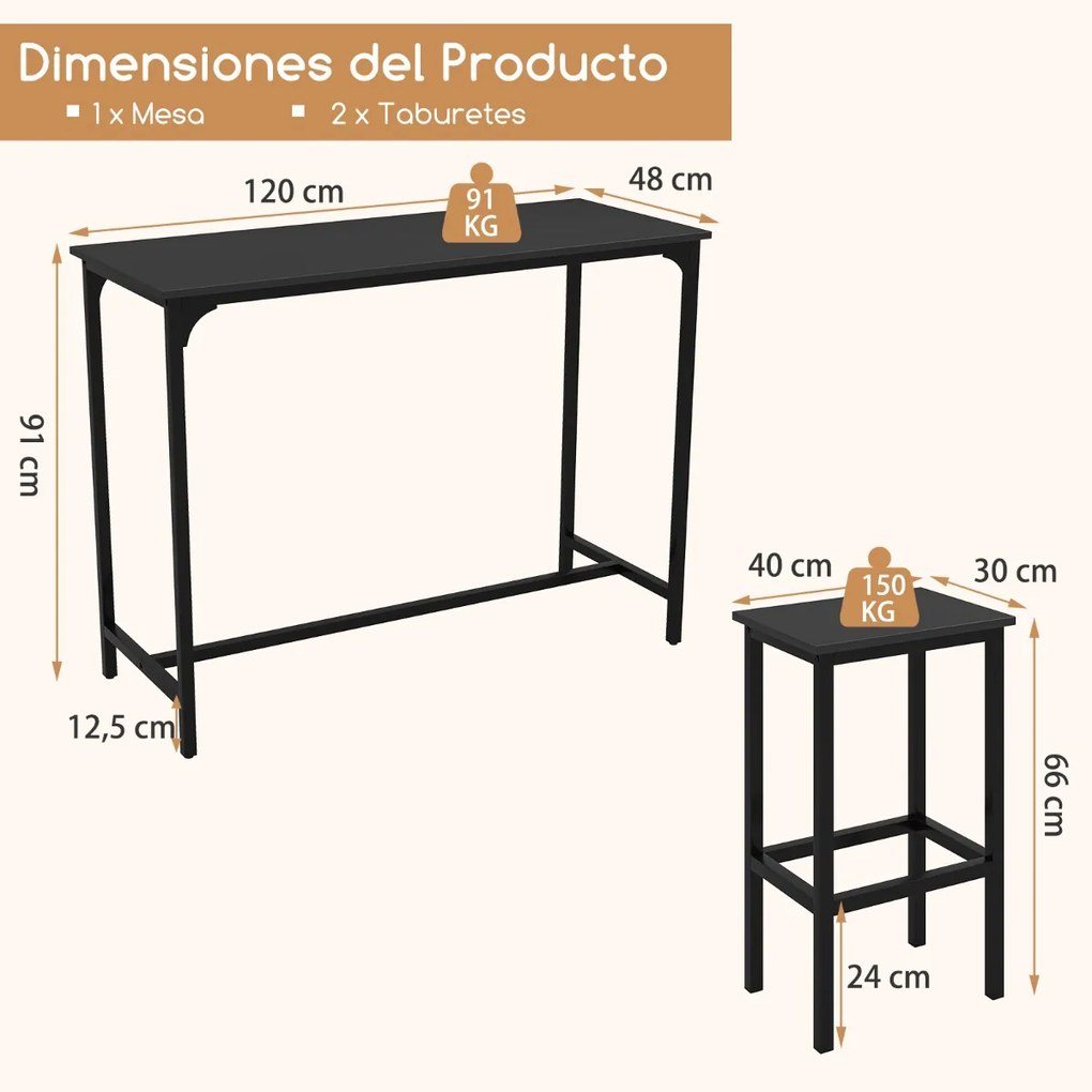 Conjunto de cozinha ou bar de 3 peças Mesa de bar com 2 bancos de bar Preto
