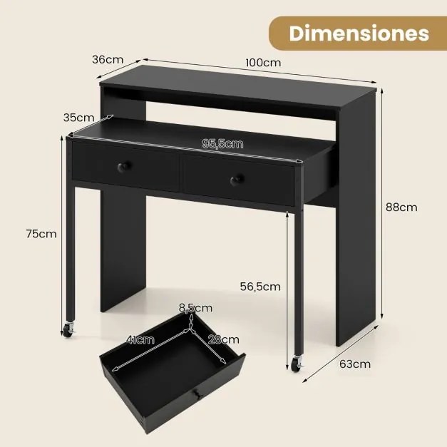 Secretária extensível, mesa pequena para computador com 2 gavetas e rodas 100 x 63 x 88 cm Preta