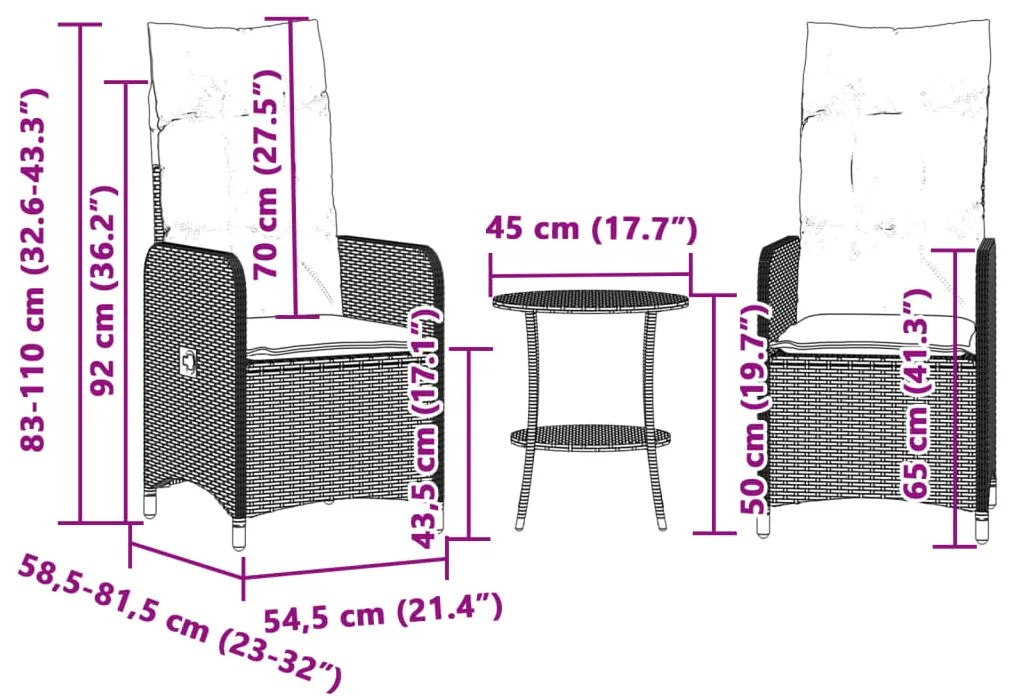 Cadeiras jardim reclináveis 2 pcs com mesa vime PE preto