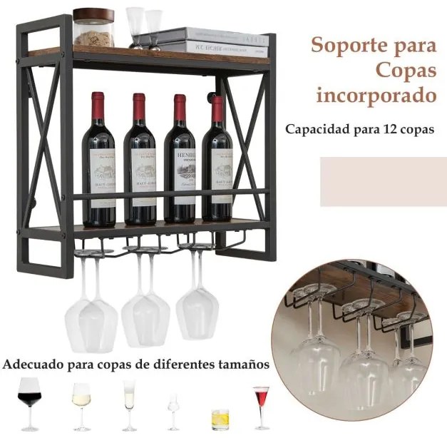 Garrafeira de parede metálica para garrafas de vinho para casa, bar e cozinha 60 x 20 x 55 cm Castanho