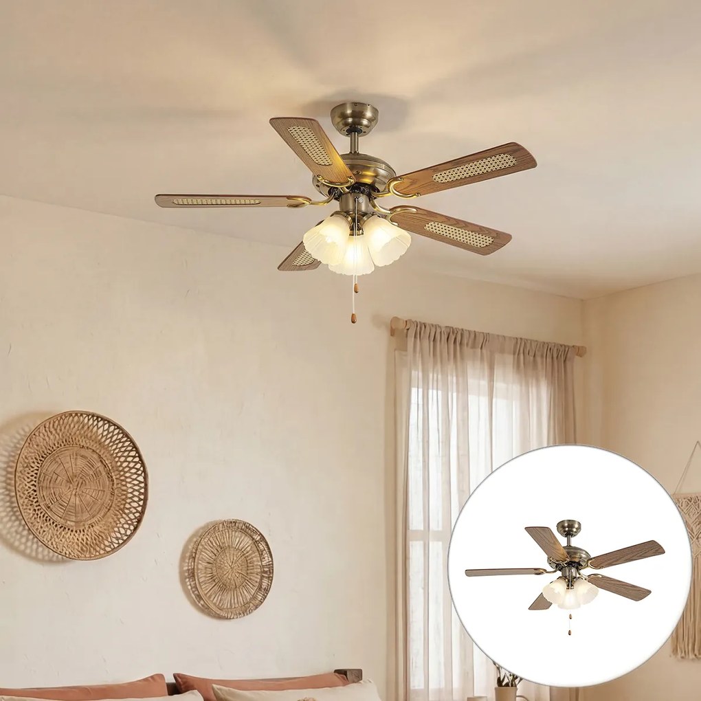 Ventilador de teto em latão com impressão de madeira e rattan 105cm com interruptor de tração - Mistral Lia