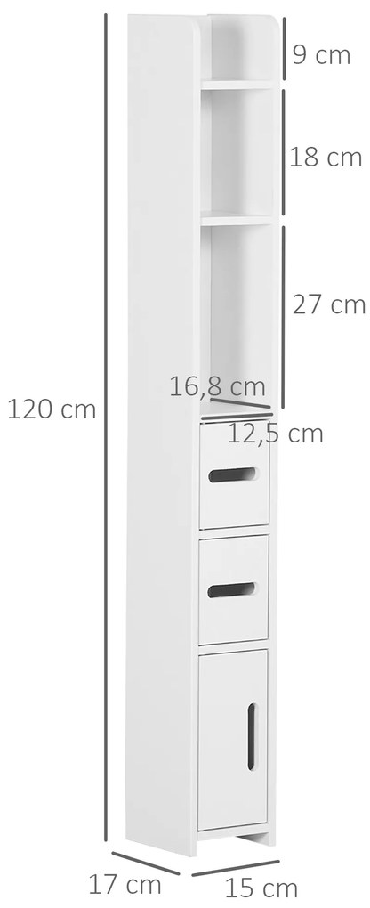 Coluna Casa de Banho com 3 Portas e 3 Prateleiras Abertas Coluna Auxiliar para Sala de Estar Casa de Banho Dormitório Estilo Moderno 15x17x120cm Branc